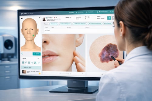 Dermatologist analyzing skin with AI tool