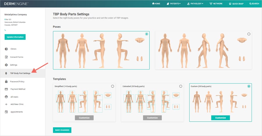 TBP Body Part Settings